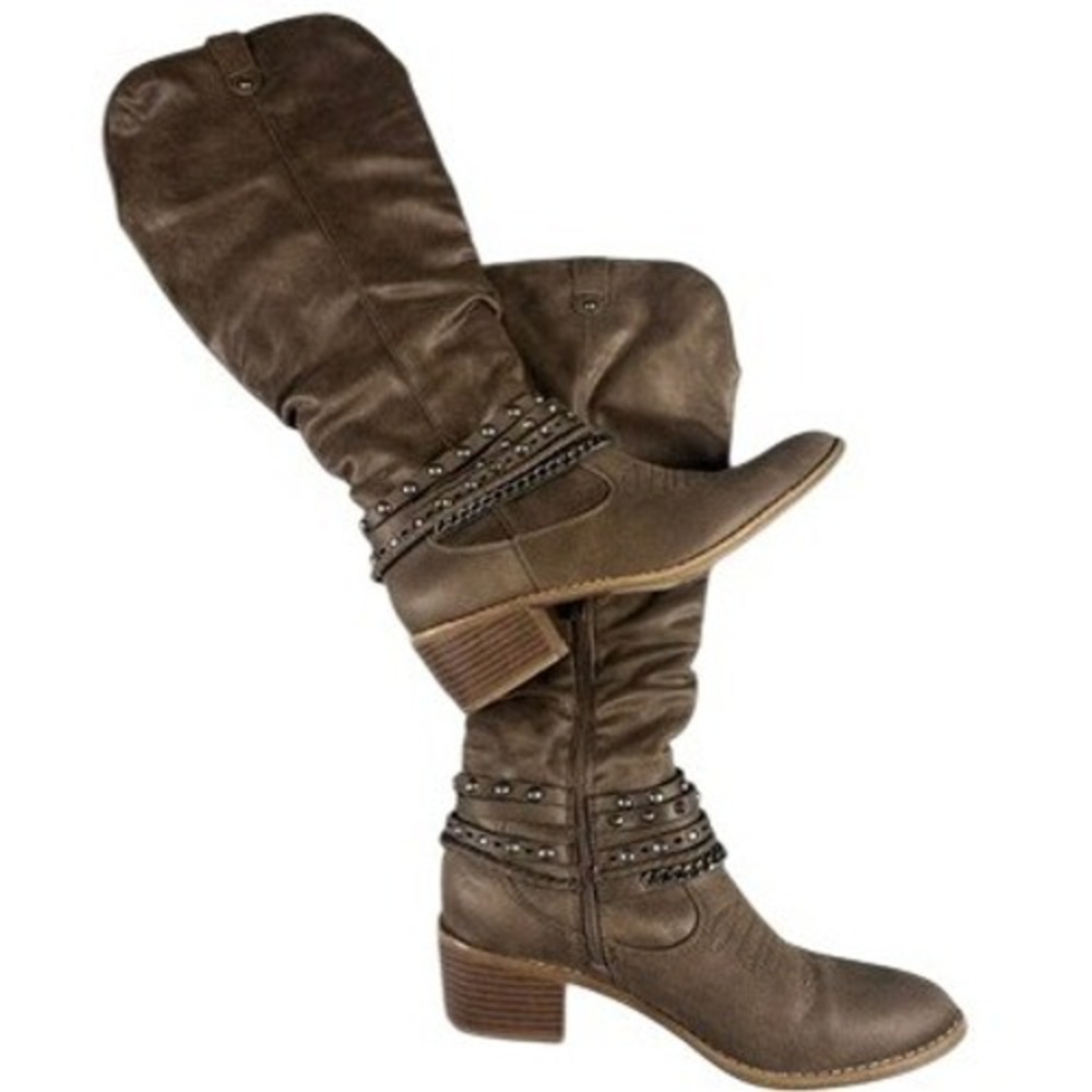 Reba Boots Womens 9 Brown Slouchy Knee High Studded Chain Western Block Heel